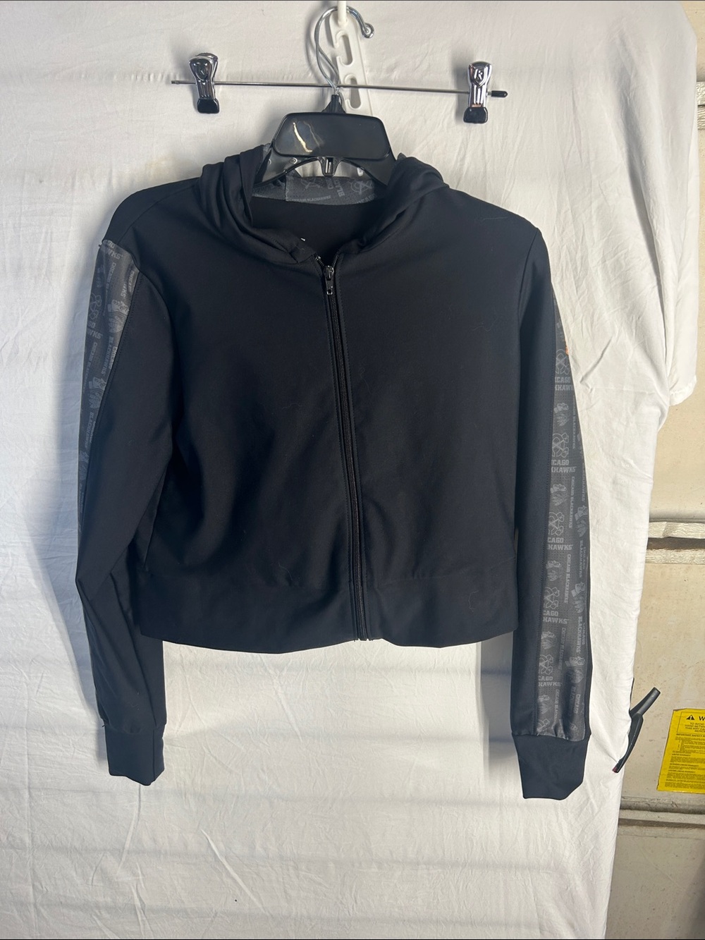 NHL Black Cropped Zip Hoodie with Gray Logo Sleeve Panels